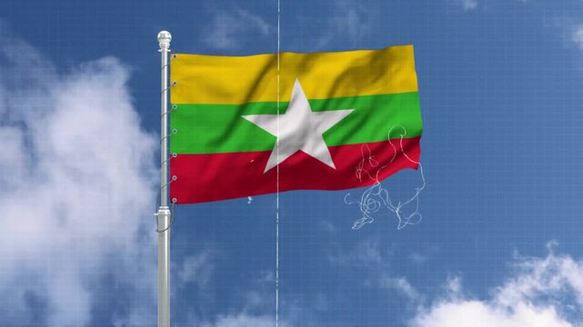 Myanmar flag waving on silver pole against bright blue sky with white clouds cinematic motion video.