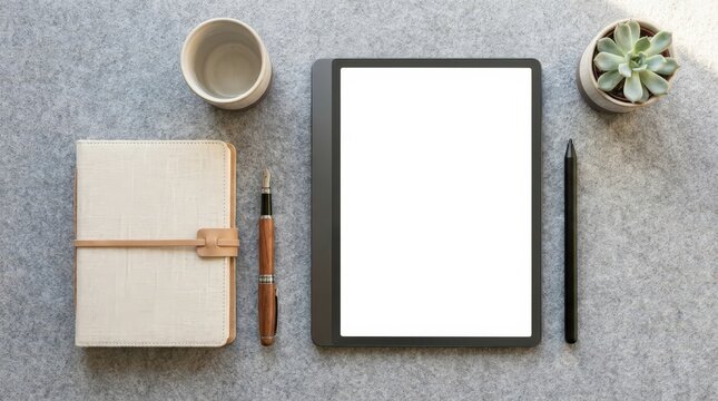 A top-down view of stationery and digital tools organized neatly on a textured grey felt surface.