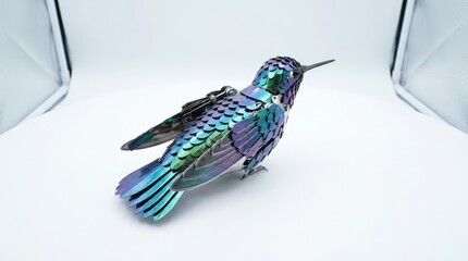 Naklejka premium A vibrant hummingbird shaped biomimetic drone with iridescent metallic feathers on a white surface.