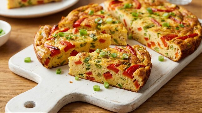 Vegetable frittata sliced on wooden serving board