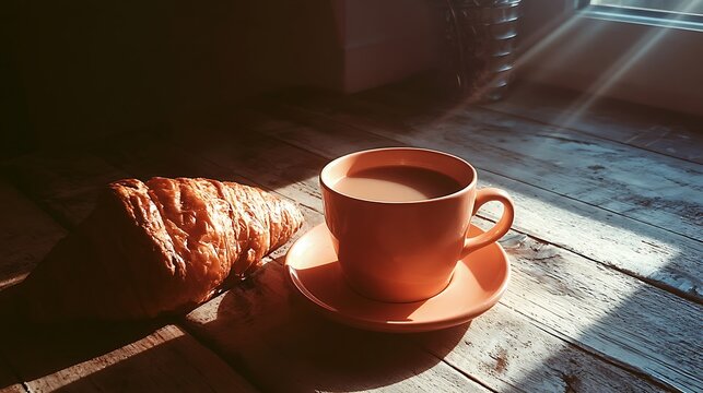 Rustic wooden table with coffee cup and cinnamon stick warm lighting