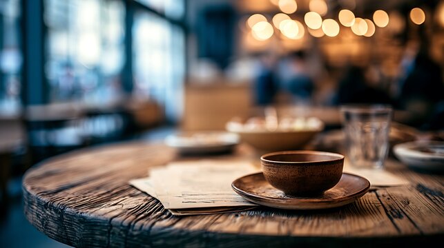 Rustic wooden table with coffee cup, notebook, and warm lighting
