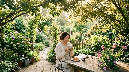 Fototapeta premium Mature woman enjoying peaceful morning tea and breakfast in lush sunlit garden, outdoor relaxation, cozy countryside lifestyle.