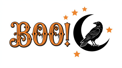 Obraz premium A charming halloween typographic design featuring the word 'boo ' with a spooky raven and celestial elements