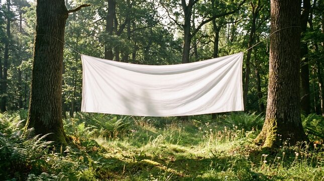 White Fabric Hanging Between Trees in a Sunlit Green Forest