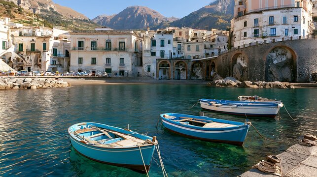 Traditional blue fishing boats docked in the scenic Cetara harbor in Italy. Ideal for Mediterranean travel concepts.