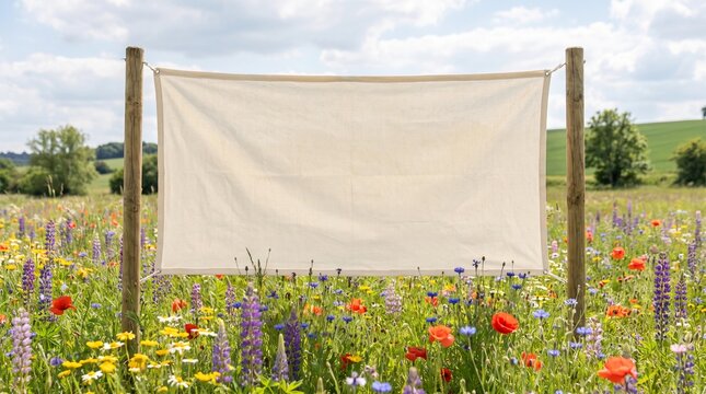 Blank white banner mockup in a vibrant wildflower meadow