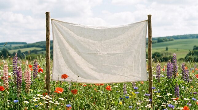 Blank white banner hanging in a colorful wildflower meadow