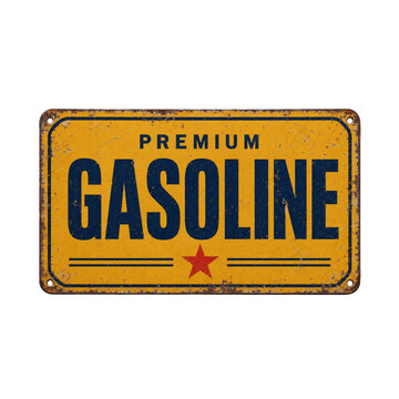 Vintage premium gasoline tin sign, retro yellow rusty metal plaque with red star isolated on white background
