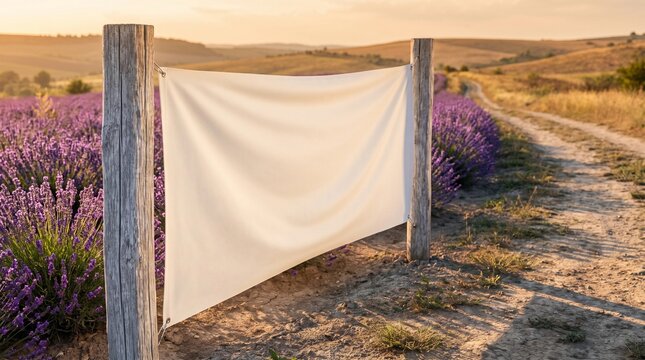 Blank White Banner Mockup in Lavender Field at Sunset