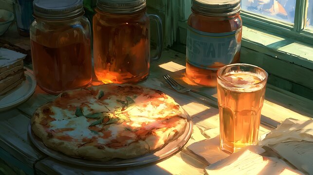 Rustic wooden table with smoked fish, beverages, and bread