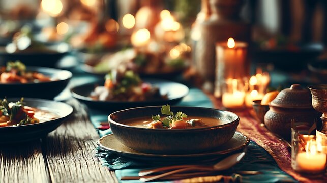 Rustic wooden table with wine glasses, plates, and autumn leaves