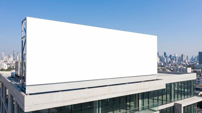 Blank horizontal billboard on office building rooftop with city background