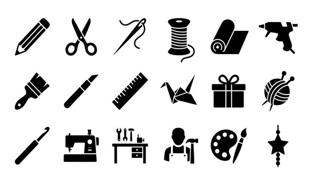 DIY crafting sewing workshop tools and handmade solid vector icon set