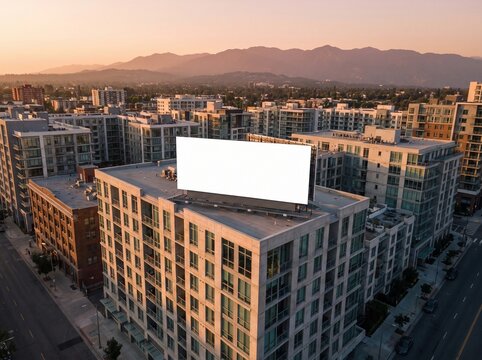 Aerial View of Blank Billboard on City Building at Sunset