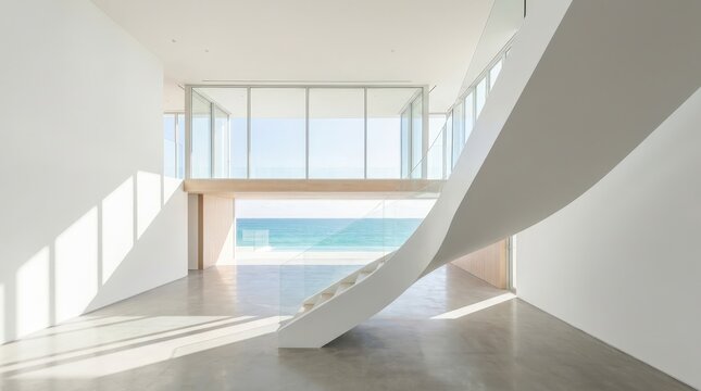 A white spiral staircase stands in a bright room with a clear view of the blue ocean horizon line.