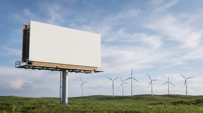 Blank advertising billboard in green field with wind turbines