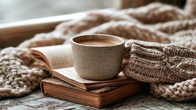 Rustic wooden tray with coffee cup, cinnamon sticks, and whole spices