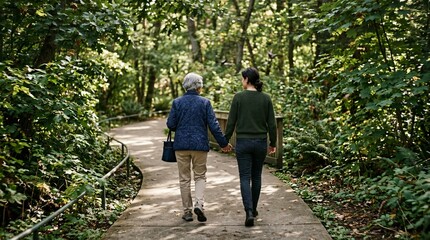 Fototapeta premium Senior grandmother and adult granddaughter holding hands while walking on a scenic park trail in nature, celebrating intergenerational connection and family bonding.