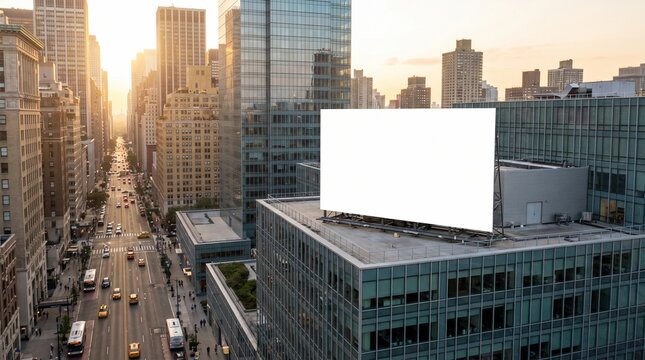 Blank Billboard Mockup on City Skyscraper Rooftop at Sunset