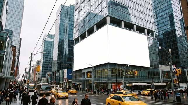 Blank Billboard on Skyscraper in Busy City Street Scene