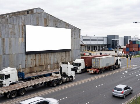 Blank Billboard Mockup on Industrial Warehouse Building with Passing Trucks