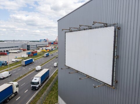 Large Blank White Billboard Mockup on Industrial Building Near Highway