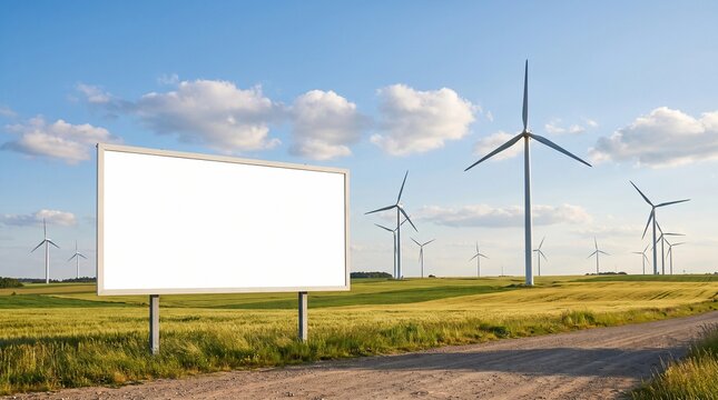 Blank Billboard Mockup in Rural Landscape with Wind Turbines