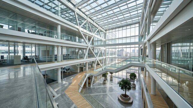 A wide-angle view of a modern corporate office building interior with glass walls and atrium.