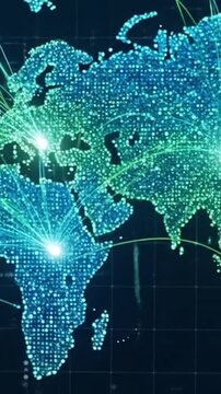 Digital world map showcasing global network connections and data communication lines