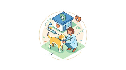 Fototapeta premium Isometric veterinary clinic with veterinarian and dog outside.