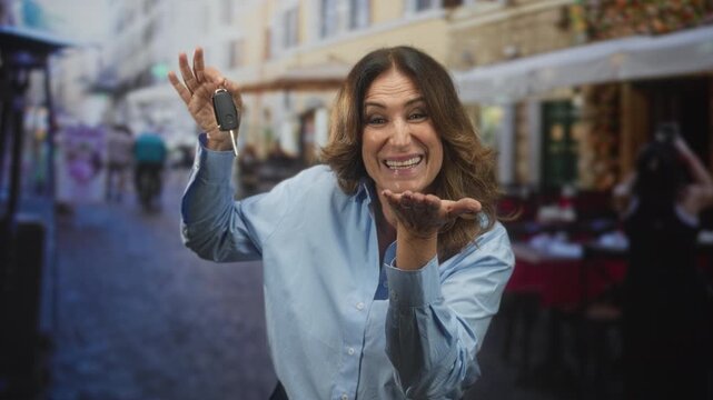 Middle age hispanic woman holding a car key fob in a raised hand and blowing a kiss on a street; joyful celebration.