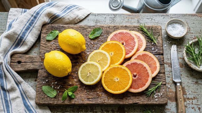 A wooden cutting board with fresh lemons, sliced oranges, and grapefruits arranged for a recipe.
