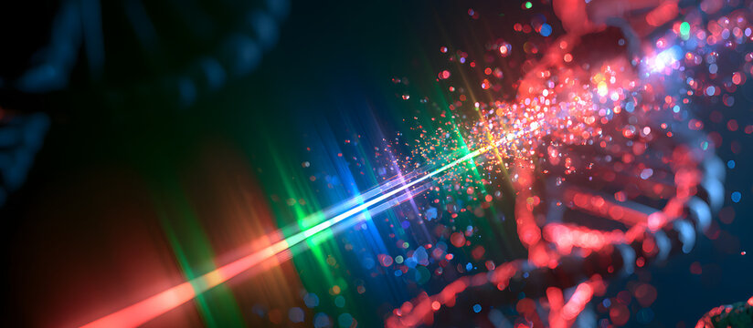 The rainbow diode laser, in a close-up view, illuminates nucleic acids with glistening nanoparticles on a dark background