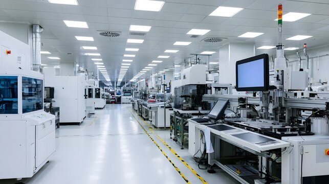 A clean and organized modern factory floor featuring automated hinery and bright overhead lighting