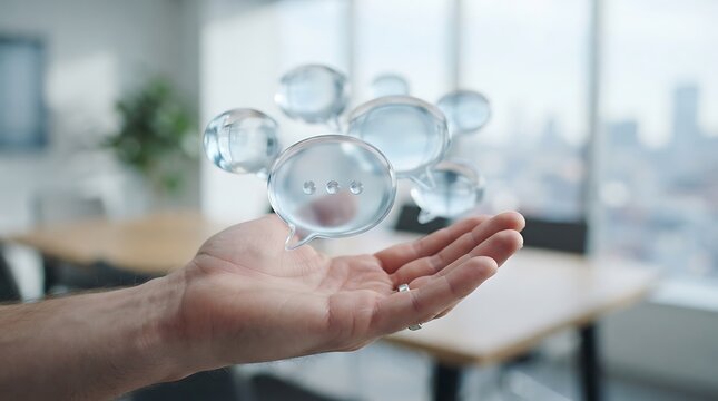 A human hand gently holding transparent speech bubbles floating in the air against a blurred office cityscape background