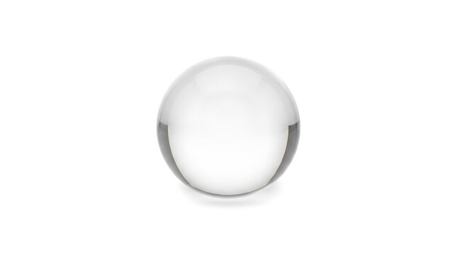 A pristine clear glass sphere resting on a white surface with subtle reflections and highlights creating a minimalist aesthetic