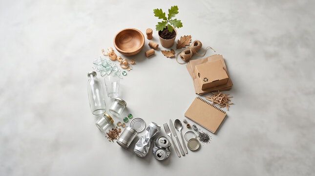 Zero waste and recycling concept flat lay arrangement of eco-friendly materials and reusable items