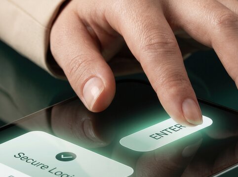 Finger pressing secure login button on touchscreen