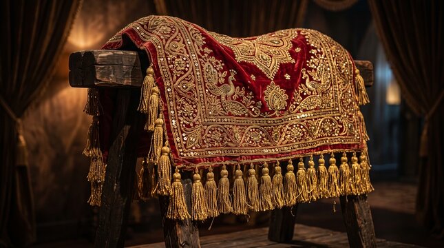A circus elephant saddle with ornate decorations and gold embroidery rests on a wooden stand in a moody vintage room for a traditional heritage concept