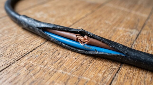 A detailed close up of a broken appliance cord frayed to expose dangerous copper wiring on a wooden workbench under soft lighting for an electrical hazard concept