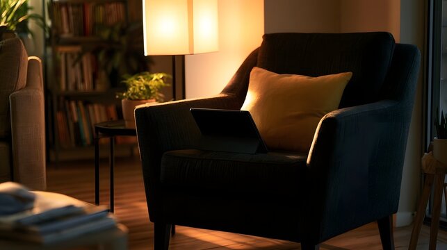 Warm light illuminates a dark armchair with a tablet resting on its seat beside a yellow pillow