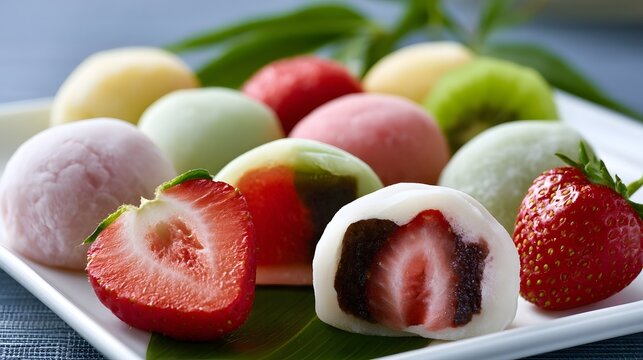 Colorful fruit filled mochi balls arranged on a white plate with fresh strawberries and green leaves as garnish