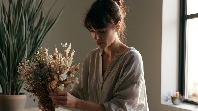 A woman gently holds a bouquet of dried flowers while standing near a window with soft natural light