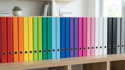 Obraz premium Row of colorful binders arranged on wooden office shelf