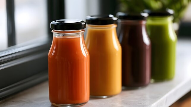 Four glass bottles filled with colorful juices sit on a marble ill bathed in natural light