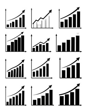 Set of twelve black bar and line graph icons showing upward trend and growth, simple vector illustrations for finance and business concepts