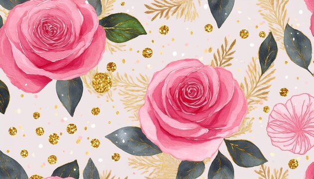 pink roses and golden glitter watercolor floral pattern background seamless pattern cottagecore farmhouse pattern