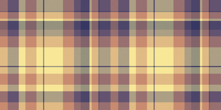 A traditional tartan plaid pattern with a balanced check structure and orange and yellow tones. The seamless textile background recreates a woven fabric look with a natural decorative character.