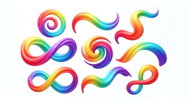 Colorful abstract swirls and ribbons in rainbow hues on a white background represent fluidity and dynamic movement for graphic design projects
